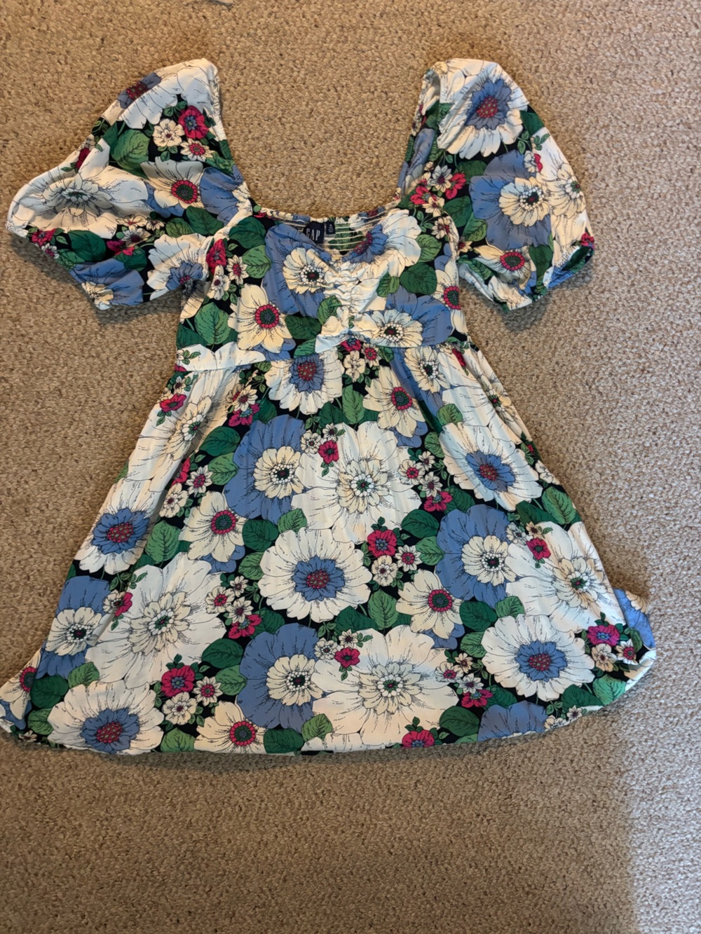 GAP Floral Puff-Sleeve Dress in White, Blue, Green, Pink